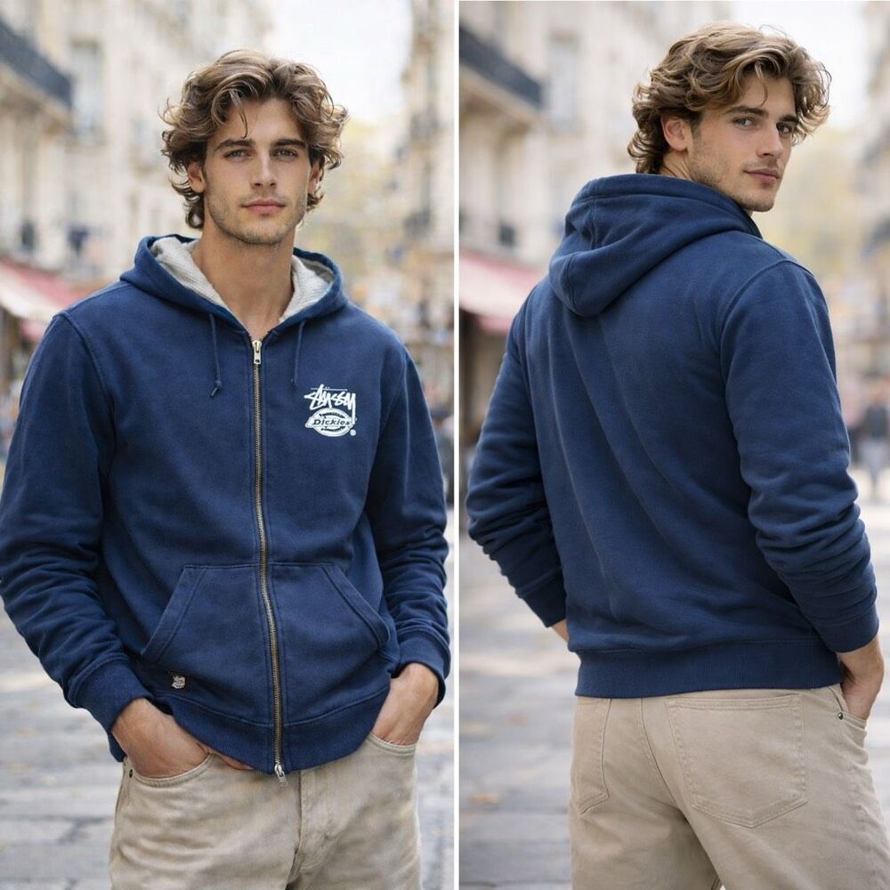 Stussy x Dickies Navy Full Zip Hoodie Men’s Large Workwear Streetwear Skater Y2K - Picture 1 of 14